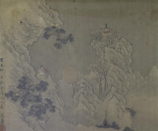 Three Chinese landscape paintings on silk, 17th - 20th century, largest 29 x 36cm.